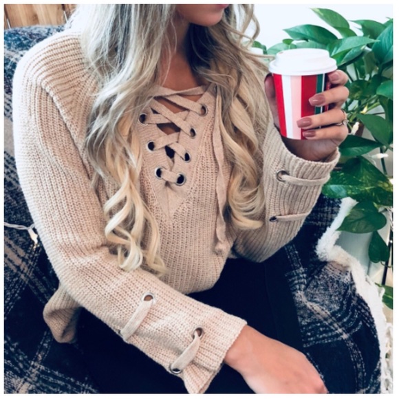 And the Why Sweaters - Eyelet Front Lace-up Taupe Pullover Sweater!